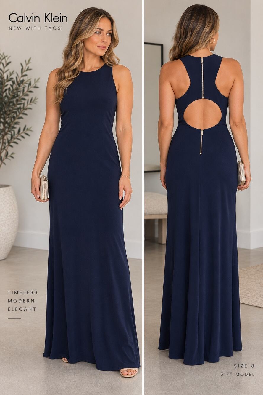 Calvin Klein Navy Open Back Maxi Gown Dress Size 8 NWT